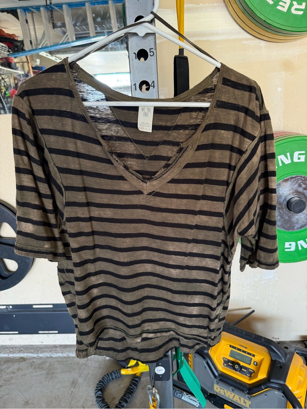We The Free Olive Green and Black Striped V-Neck Tee